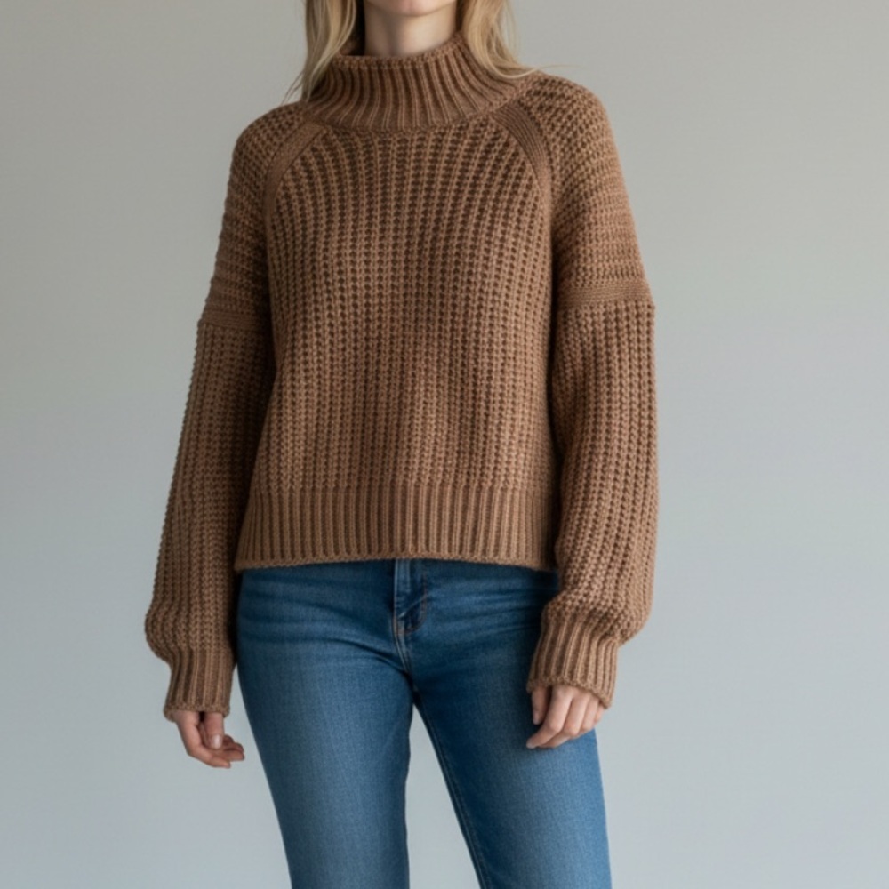 H&M Brown Chunky Cottagecore Boho Turtleneck Sweater Large - Picture 2 of 8